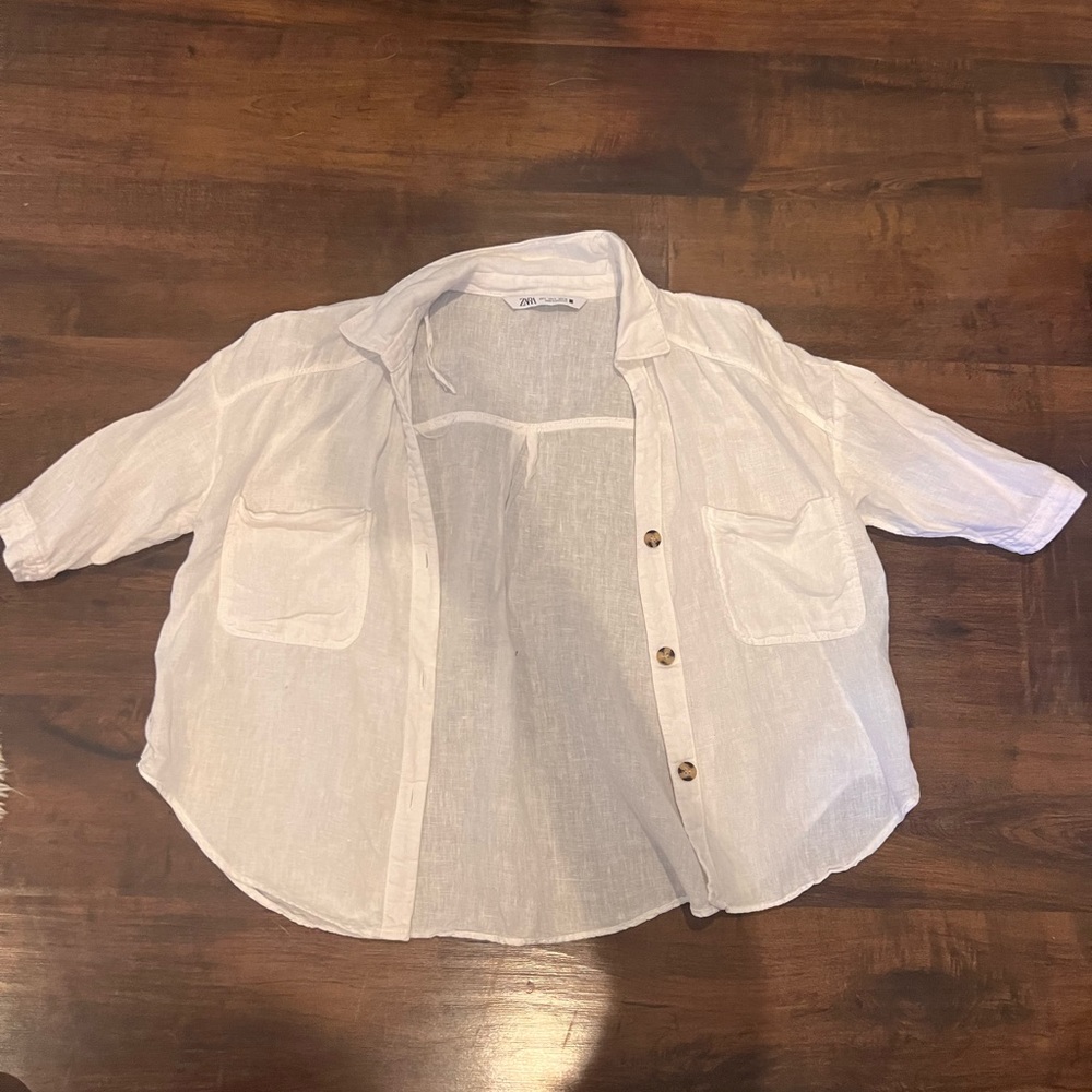 Zara white linen button down shirt